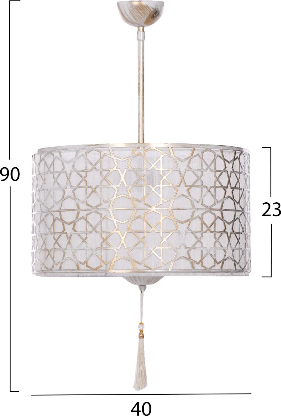 Llambë tavanore varëse, kapak i bardhë me thekë dhe detaje ari, Φ40x90Hcm, FH7647.02 Llambë tavanore varëse, kapak i bardhë me thekë dhe detaje ari, Φ40x90Hcm, FH7647.02