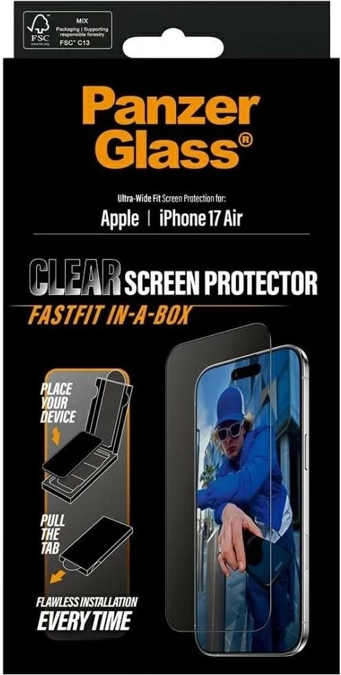Mbështjellës xhami PanzerGlass Ultra-Wide Fit Fastfit për iPhone 17 Air transparent