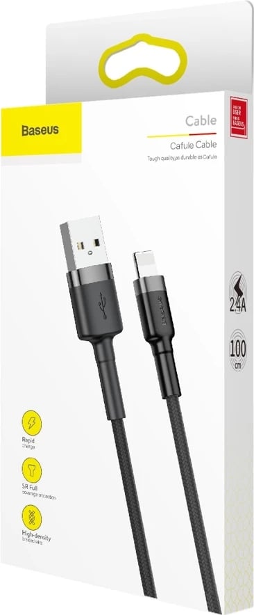 Kabllo Baseus Cafule CALKLF-BG1, USB-A në Lightning, 1m, 2.4A, QC 3.0, e zezë-gri