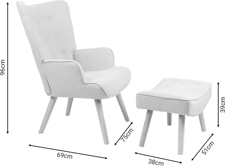 Fotelje me stol Vivienne, pëlhurë kadife, ngjyrë gri-natyrale, 75x69x96cm