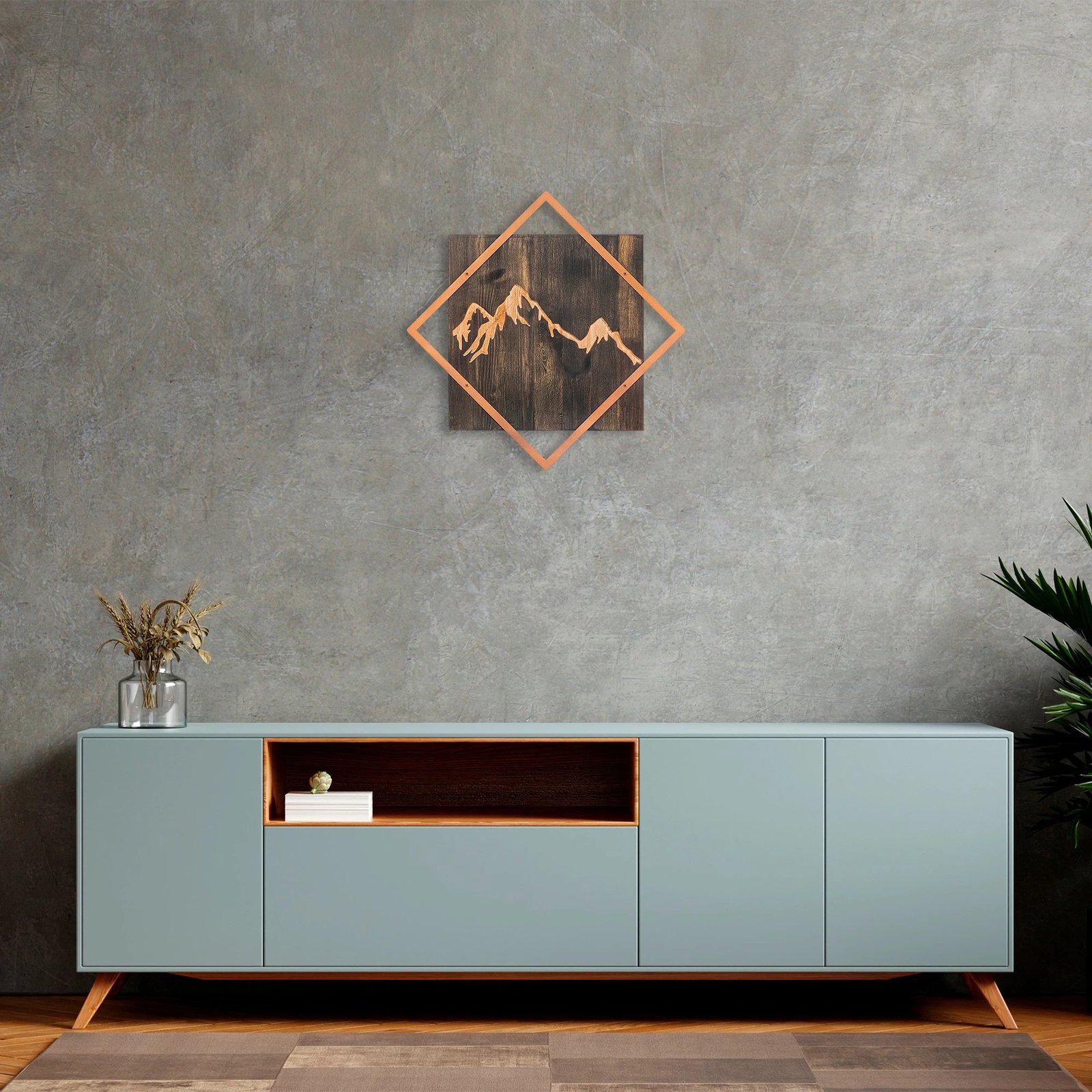 Aksesor dekorativ për mur, dru dhe metal, motiv mali, ngjyrë arre dhe bakri, 54x54cm