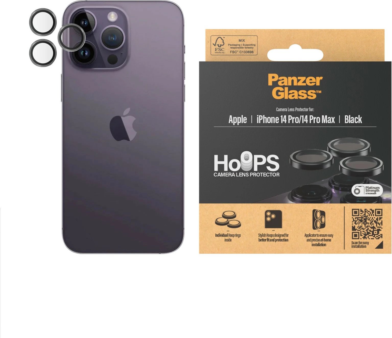 Mbrojtës kamerash PanzerGlass për Apple, xham i temperuar, i zi