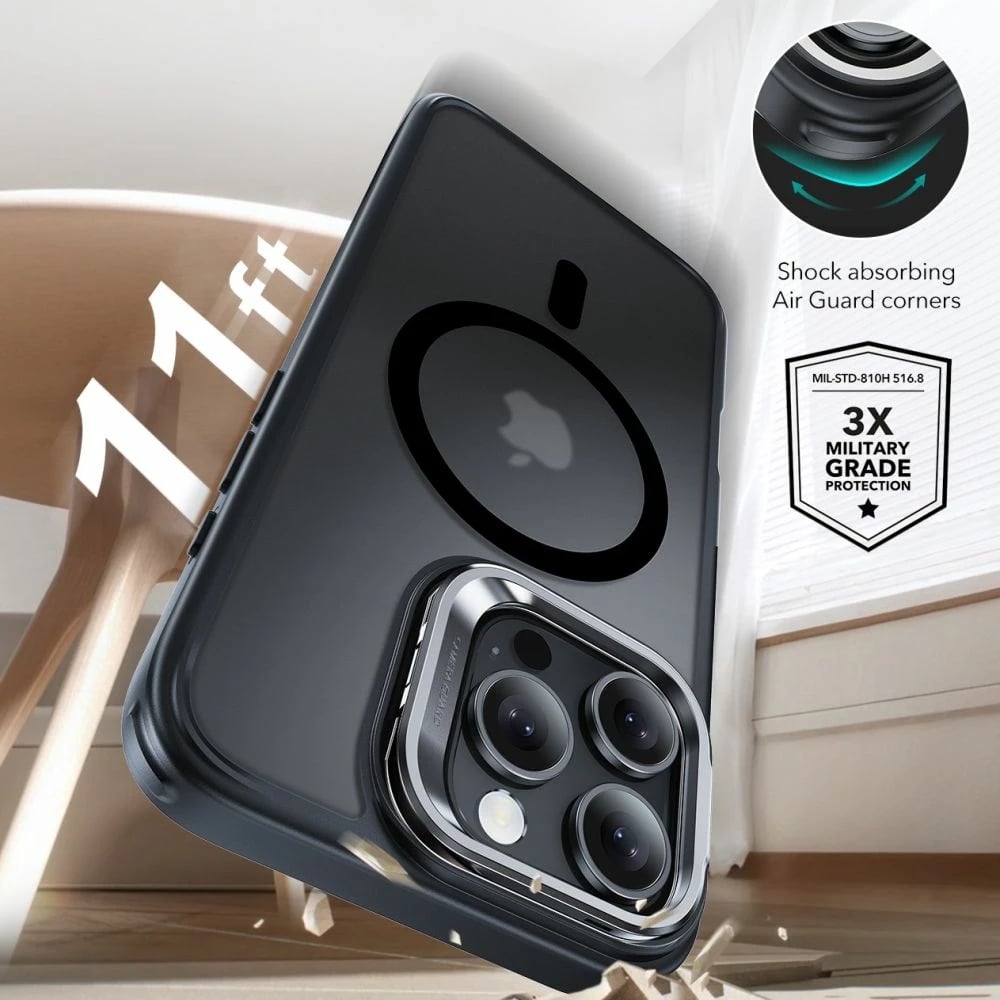 Mbështjellës ESR Classic Hybrid Kickstand HaloLock MagSafe për iPhone 16 Pro Max, me këmbalec dhe xham të temperuar, gjysmë-transparent me kornizë të zezë