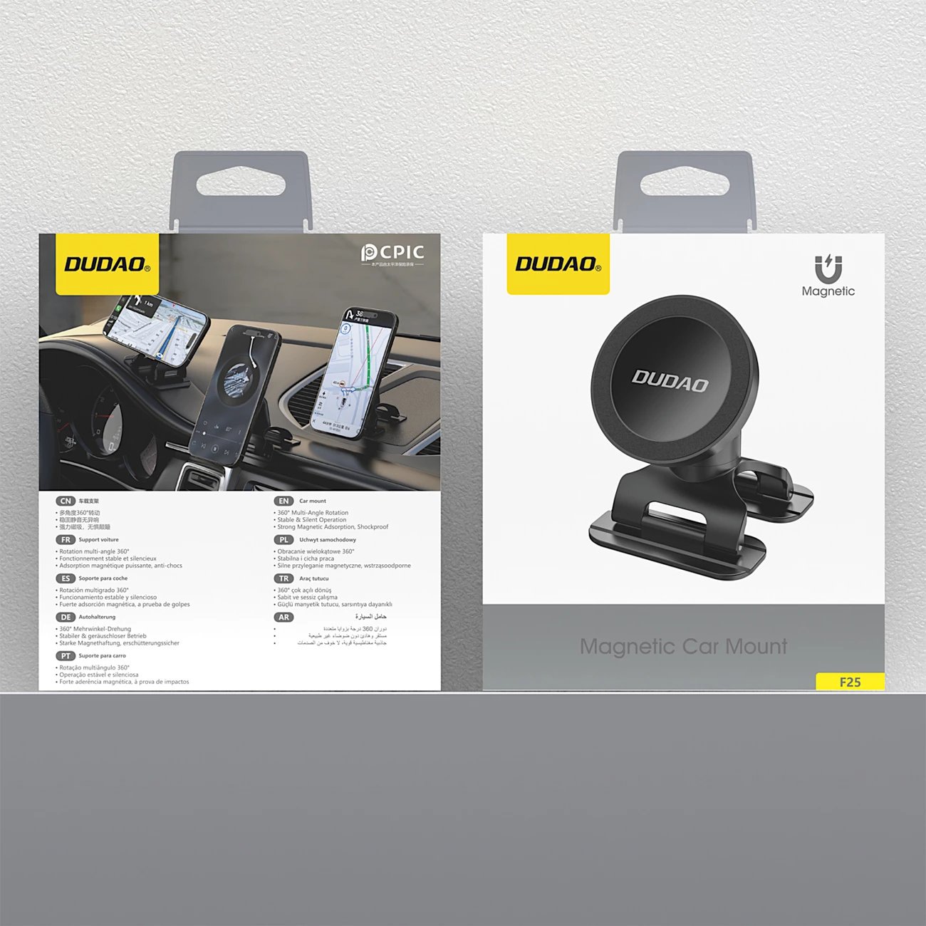 Mbajtës makine magnetik për celular, Dudao F25, MagSafe, rrotullim 360°, për pult ose xham, i zi