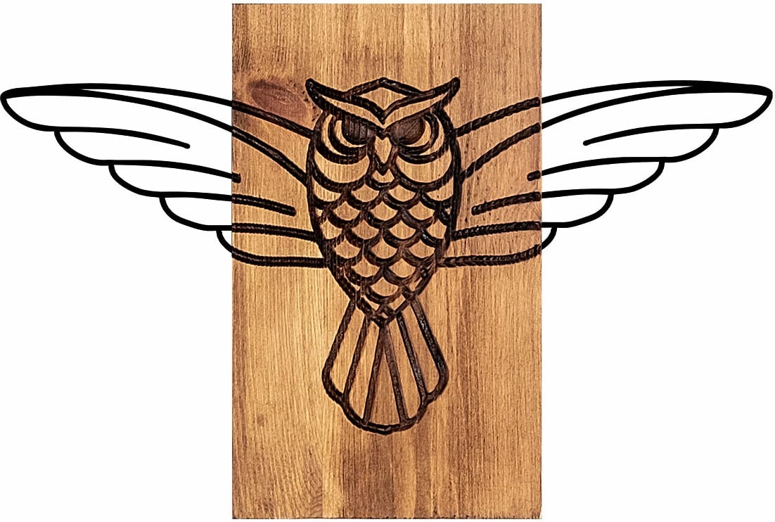 Aksesor dekorativ për mur, dru dhe metal, dizajn buf, Wallity, 38x3x25cm