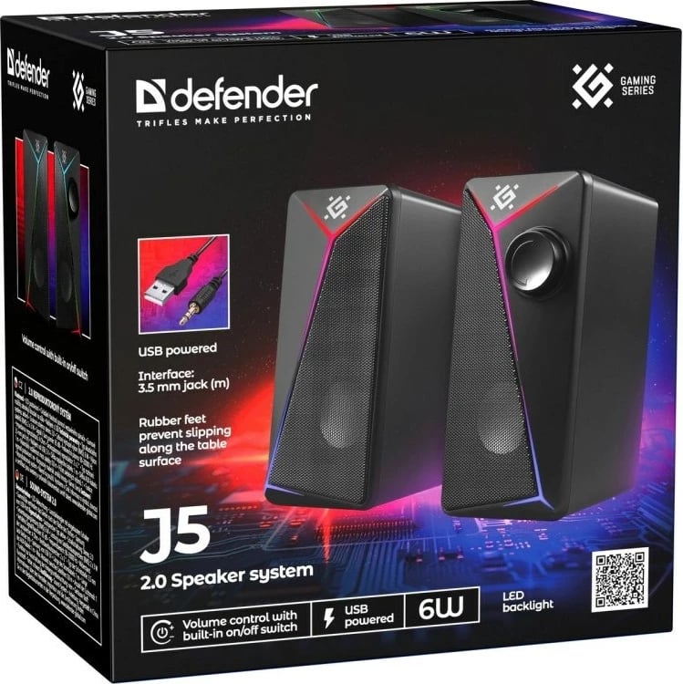 Altoparlantë Defender J5 2.0, 6W, LED, USB, të zi