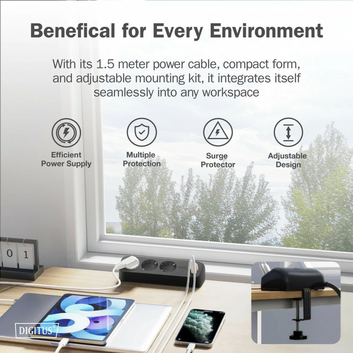 zgjatues prizash tavoline, Digitus, DA-70625, 3x Schuko, 2x USB-A 12W, 1x USB-C 30W, kapëse për tavolinë, kabllo 1.5 m, e zezë