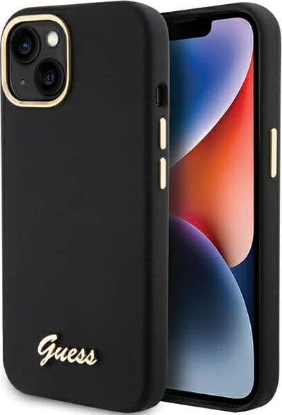 Mbështjellës Guess Silicone Script Metal Logo & Frame për iPhone 15, i zi