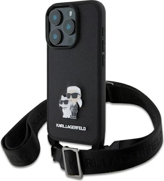 Mbështjellës Karl Lagerfeld Saffiano Karl&Choupette me rrip, për iPhone 16 Pro, i zi