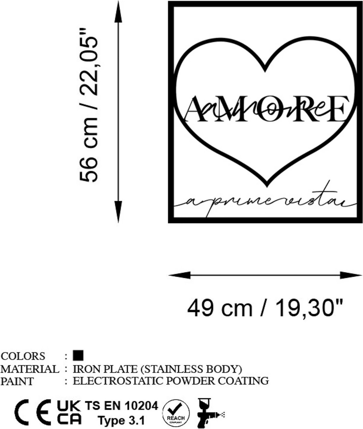 Aksesor dekorativ metalik për mur, Amore Prima Vista 2, ngjyrë e zezë, 49x56cm
