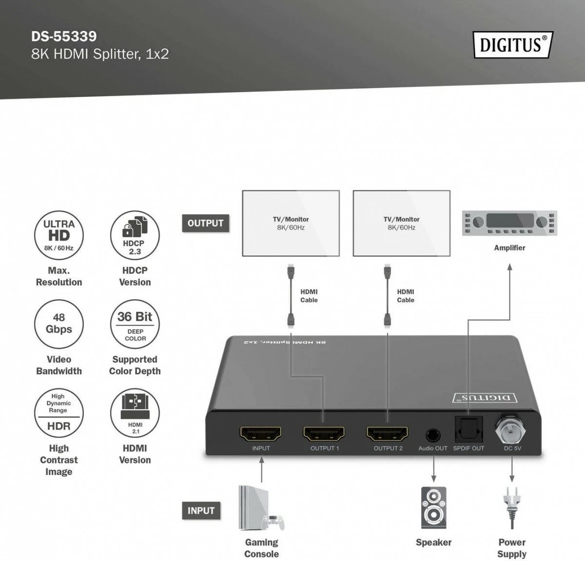 Shpërndarës HDMI Digitus DS-55339, 1x2, 8K/60Hz, HDR, 48 Gbps, Toslink/Stereo, i zi