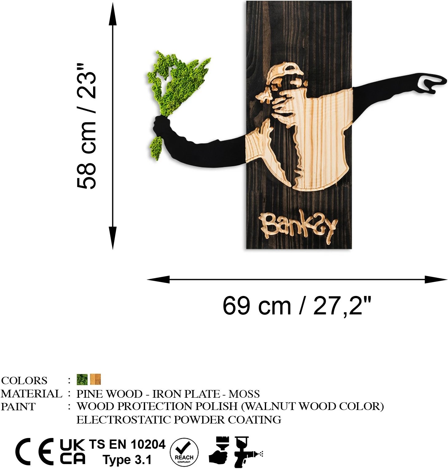 Aksesor muri dekorativ prej druri, Wallity, Banksy - Flower Thrower 2, ngjyrë e zezë, arre, e gjelbër, 69x58x3cm