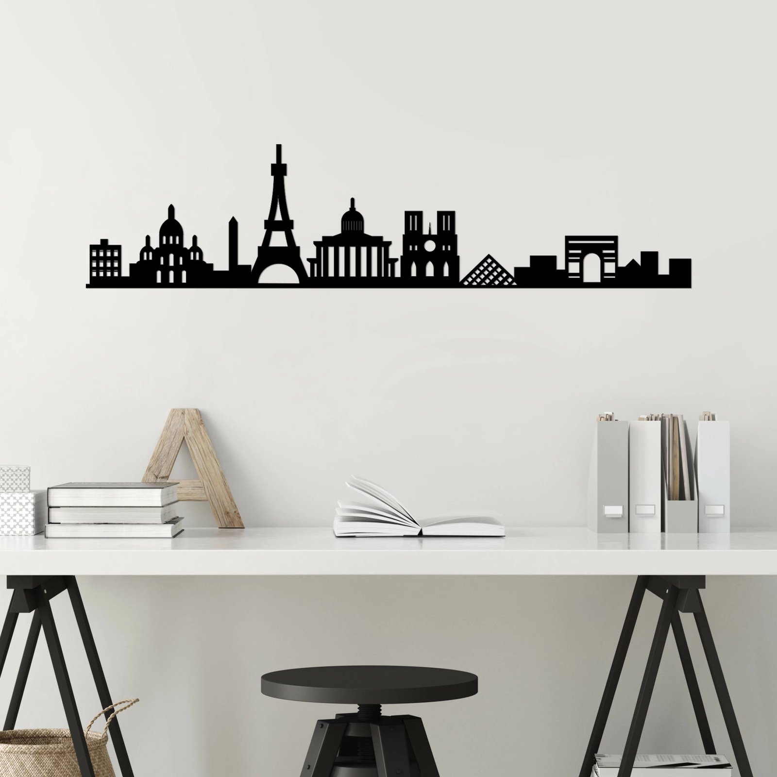 Aksesor dekorativ muri prej metali, Paris Skyline, ngjyrë e zezë, 120x29cm