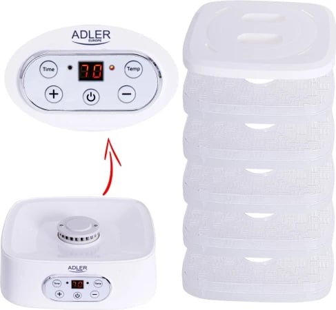 Dehidratues ushqimi, Adler AD 6658, 5 tabaka, temperaturë 35–70°C, timer 1–70 orë, 550W, LCD, i bardhë