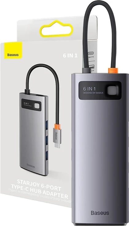 Hub Baseus StarJoy Series WKWG080013, 6-në-1, USB-C në 3x USB 3.0, HDMI, USB-C PD, RJ45, Gri