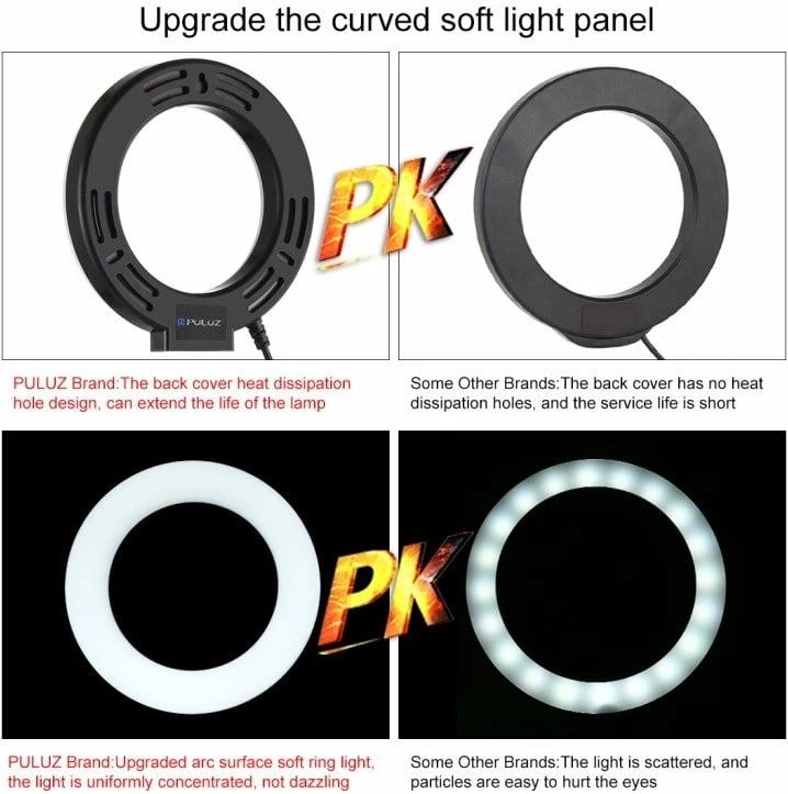 Llambë unazë LED Puluz PU391 me bazë të rregullueshme, 6.5W, tripod i vogël, e bardhë