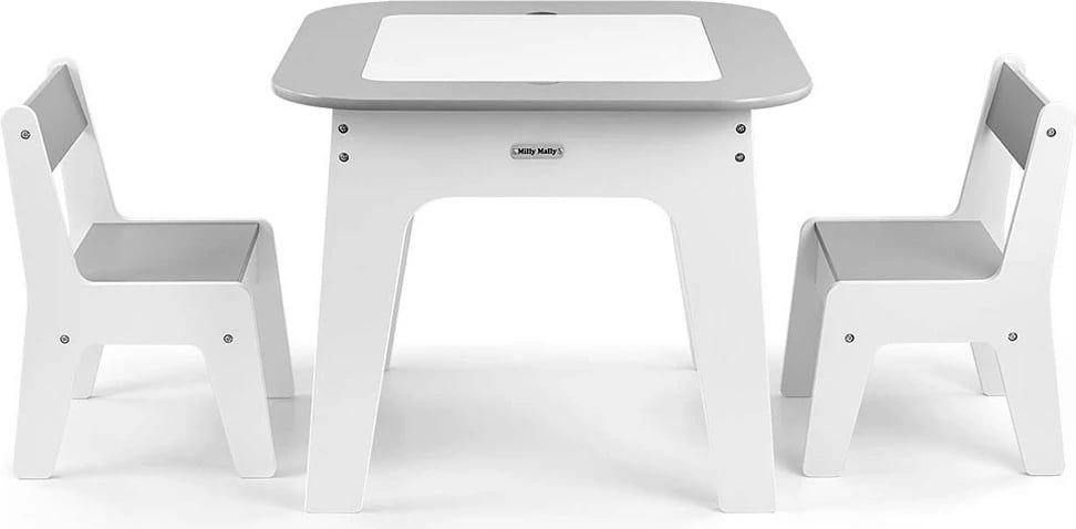 set tavolinë + 2 karrige fëmijësh, Milly Mally Olaf, kapak i dyanshëm me tabelë shkumësi, hapësira magazinimi, MDF, gri