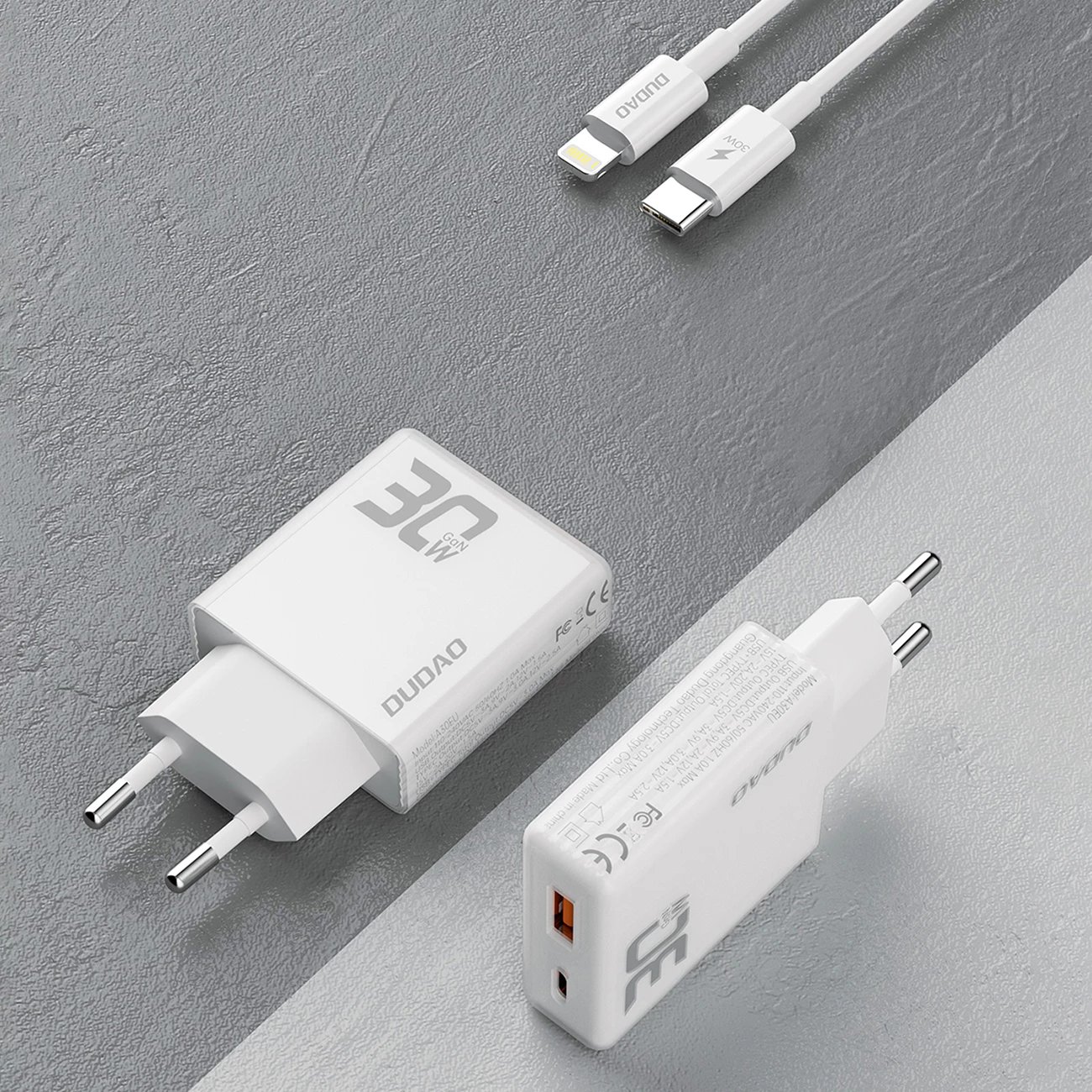 Karikues muri Dudao A30EUL, GaN, 30W, 2 porta USB-A/USB-C, me kabllo USB-C në Lightning, Bardhë