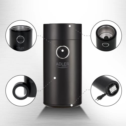 Mulli kafeje elektrik, Adler AD 4446, 150 W, kapacitet 75 g, kapak transparent, i zi/argjendtë