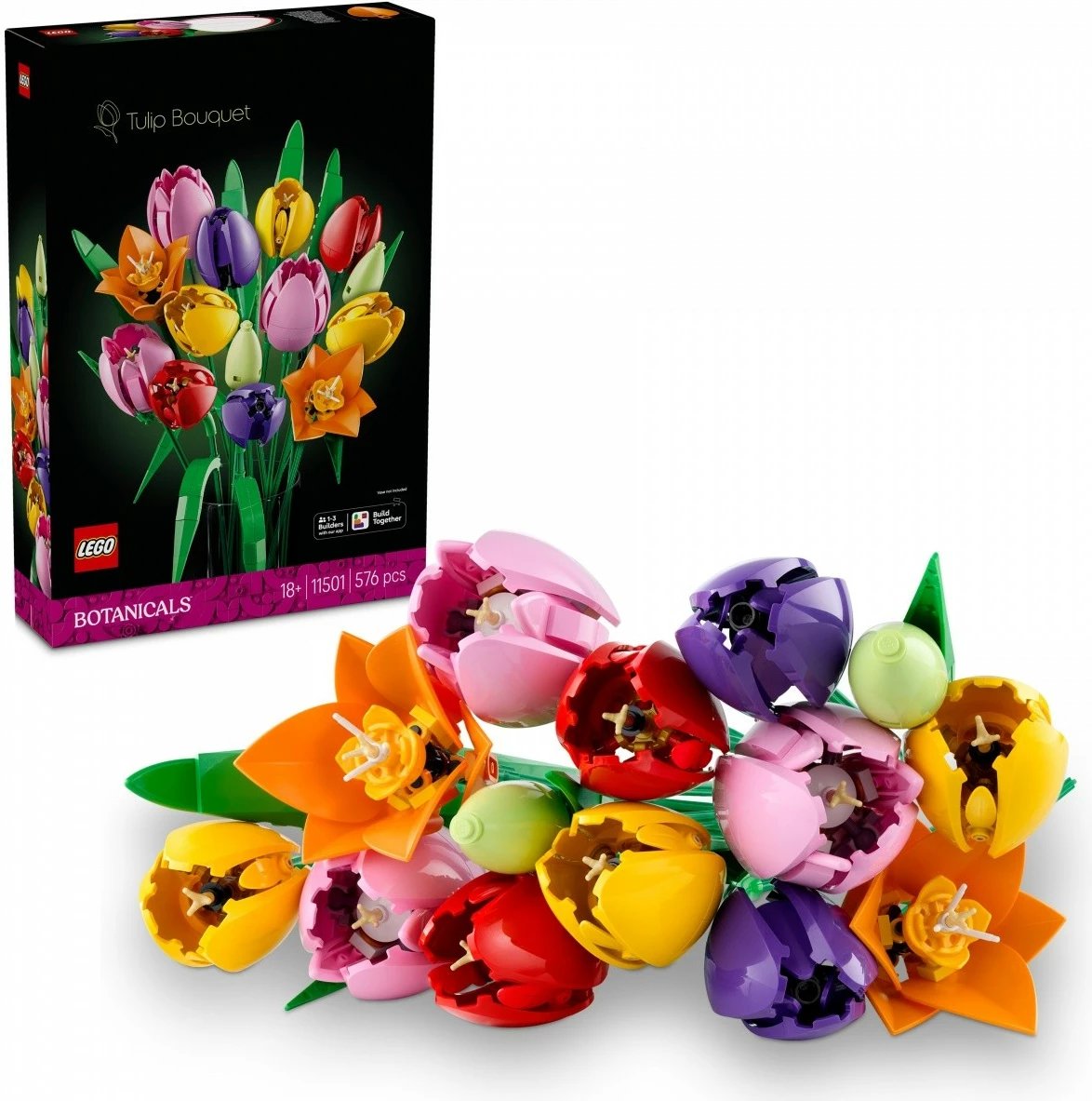set LEGO Botanicals Tulip Bouquet 11501, 576 pjesë, 18+, lartësi 36 cm, shumëngjyrësh