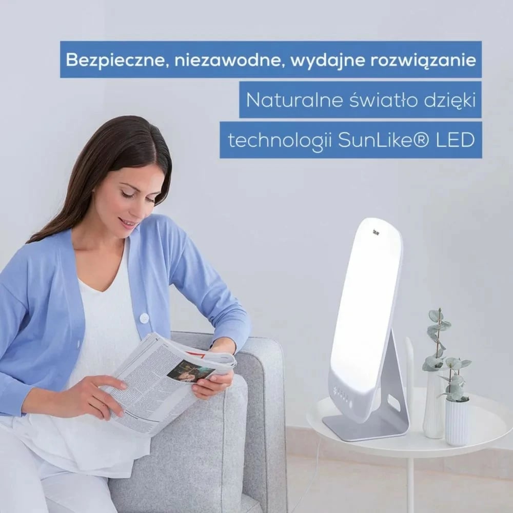 lampë dite, Beurer TL95, LED 10000 lux, sipërfaqe 30×37 cm, timer 30/60/90/120 min, e bardhë/argjendtë
