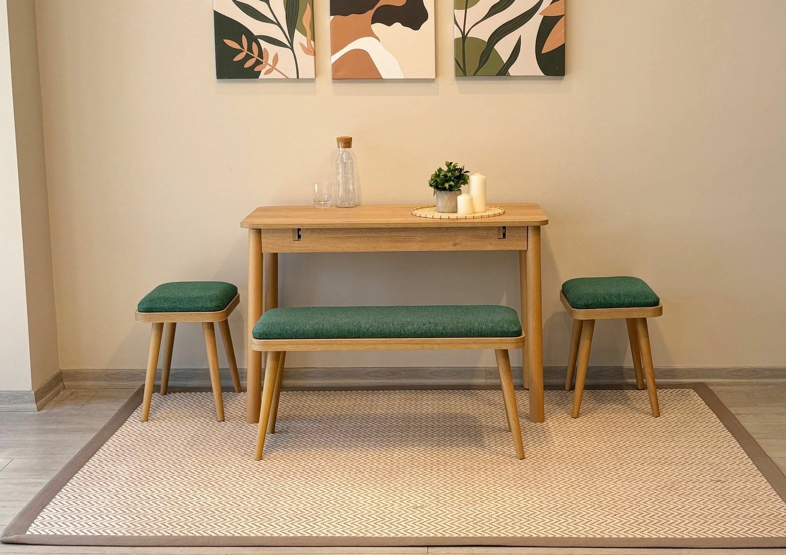 Set tavoline me karrige për ngrënie, zgjatës, 4 pjesë, Skye Decor, Vina Mini 04 1070, ngjyrë lis, e gjelbër