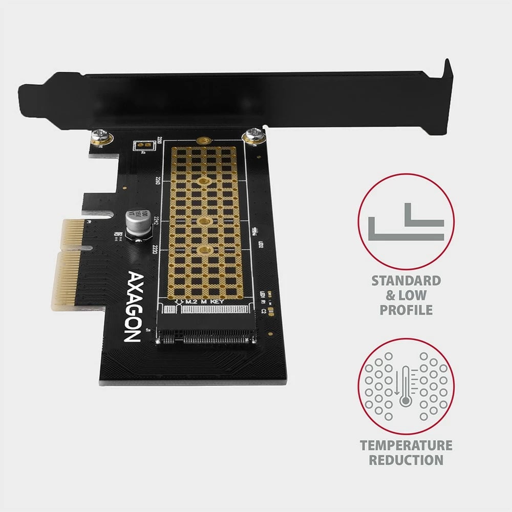Adapter PCIe AXAGON PCEM2-N për SSD M.2 NVMe, me kapak standard dhe low-profile, i zi