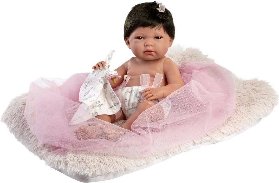 Kukull bebe Llorens Nica 40 cm, vinyl, set me jastëk dhe biberon