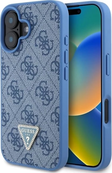 Mbështjellës Guess Hardcase Leather 4G Triangle Strass për iPhone 16, MagSafe, Kaltër