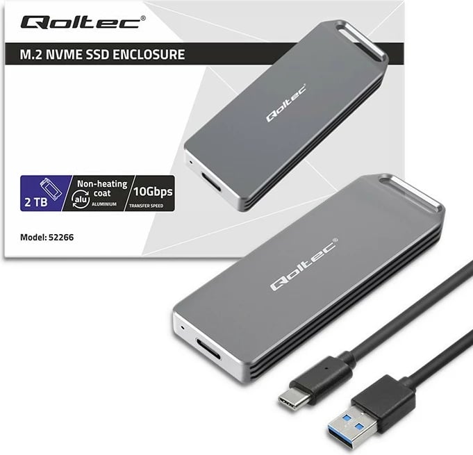 Kasë Qoltec për SSD M.2 NVMe, 2TB, USB 3.1, Argjendtë
