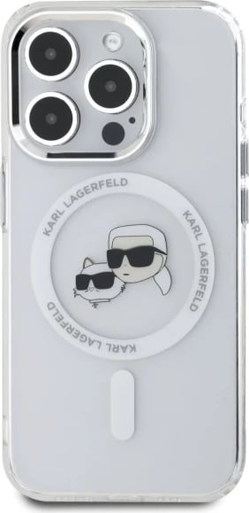 Mbështjellës Karl Lagerfeld IML Metal Karl&Choupette Head MagSafe për iPhone 15 Pro, Bardhë