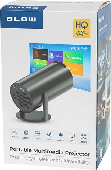 Projektor portativ Android TV, BLOW, 79-705#, 720p HD, 250 ANSI lm, Wi‑Fi/Bluetooth, deri 130", auto keystone, LED 50,000h, e zezë