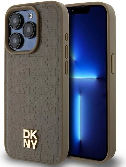Mbështjellës DKNY Leather Monogram Pattern Metal Logo MagSafe për iPhone 15 Pro, Kafe