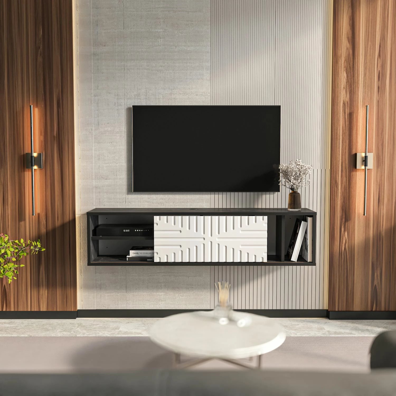 Komodë TV e varur Teo, ngjyrë e zezë dhe e bardhë, Skye Decor