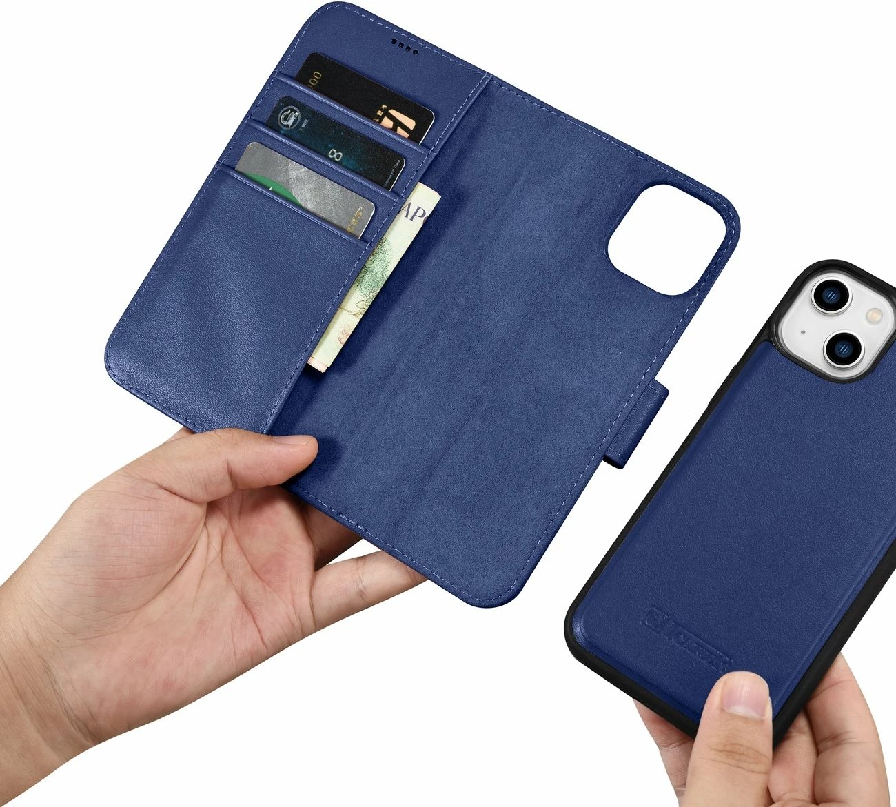Mbështjellës iCarer Wallet Case 2in1 për iPhone 14, lëkurë natyrale, Anti-RFID, Blu