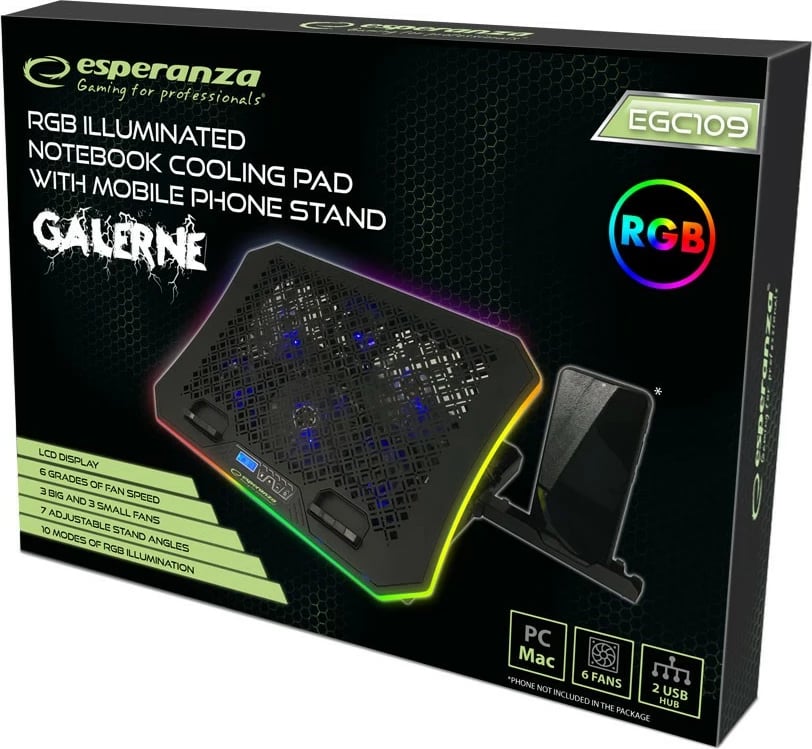 Cooling pad Esperanza EGC109, për laptop deri 19", LED RGB, 2 USB, E zezë