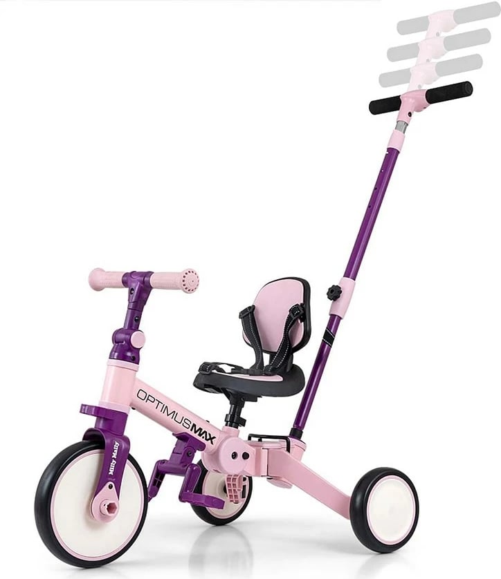 Tricikël 5‑në‑1 me dorezë prindërore, Milly Mally Optimus Max, rrota shkumë, kornizë çeliku, palosshëm, 12M+, ngarkesë 25 kg, rozë