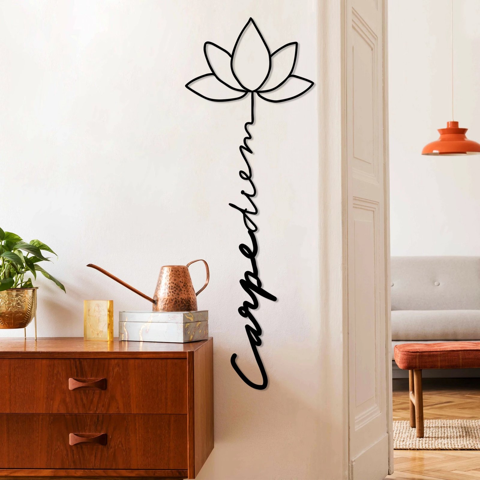 Aksesor dekorativ metalik për mur, Carpe Diem 4, ngjyrë e zezë, 21x60cm