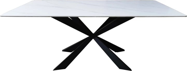 Tavolinë drejtkëndore, sipërfaqe mermeri e bardhë, këmbë metali të zeza, 180x90x75cm