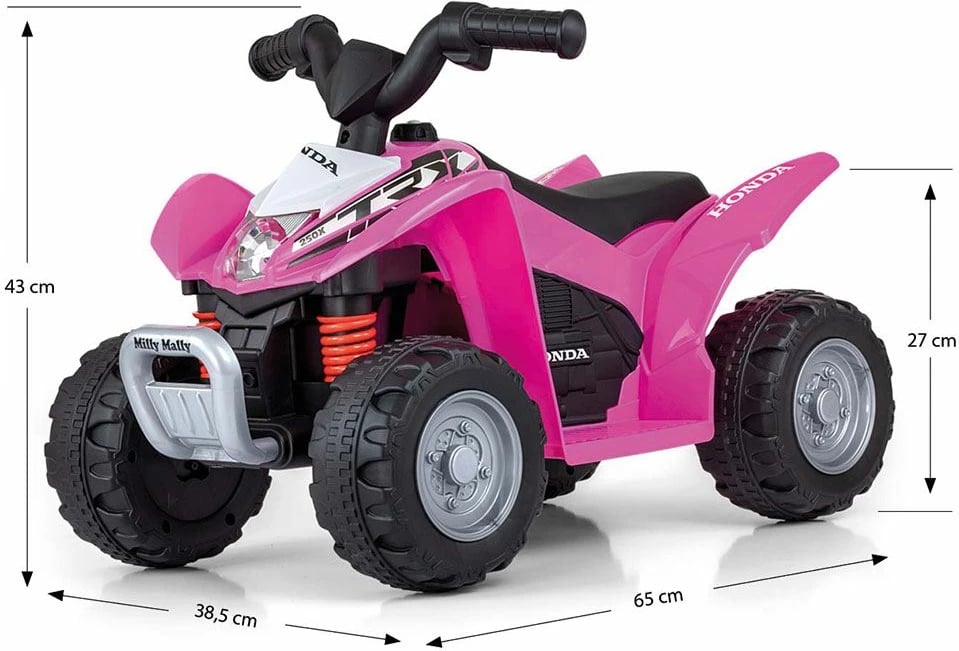 Kvad elektrik për fëmijë, Milly Mally Honda TRX 250X, 6V 4.5Ah 30W, shpejtësi 2.5-3 km/h, ngarkesa 25 kg, rozë