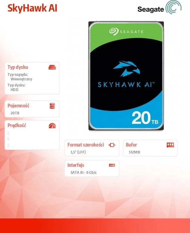 Hard disk i brendshëm Seagate SkyHawk AI 20TB, 3.5 inç, 512MB