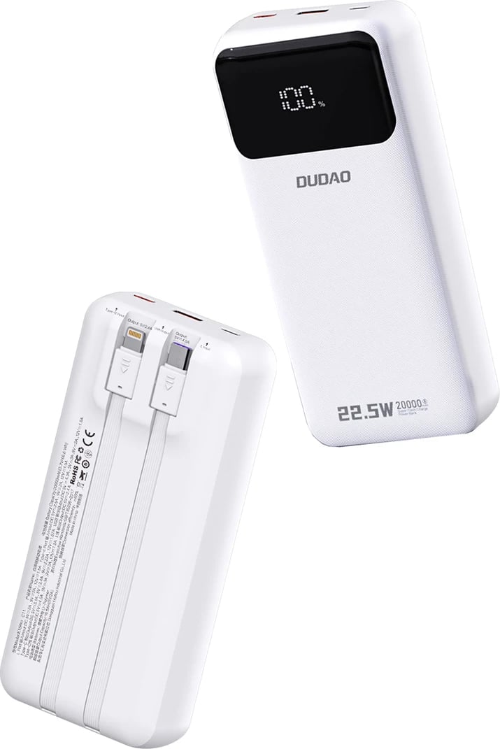 Powerbank Dudao K15Pro, 20000mAh, 22.5W, me kabllo të integruara Lightning dhe USB-C, Bardhë