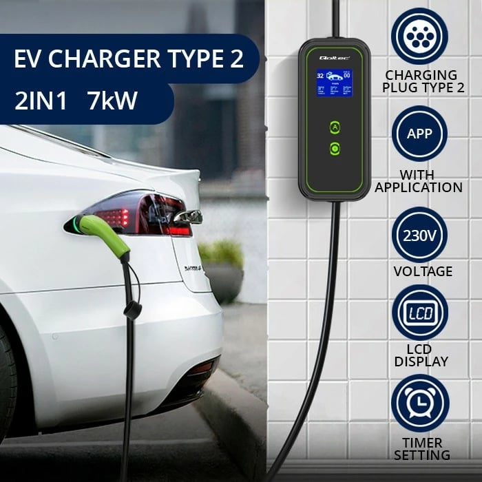 Karikues portativ për vetura elektrike Qoltec 52477, Type 2, 7kW, 5m, WiFi, i zi/gjelbër