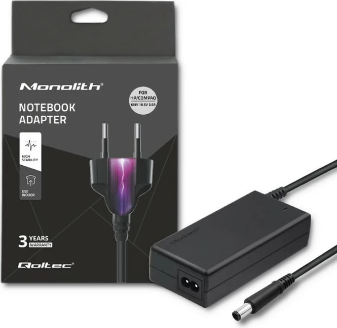 Adapter rryme për laptop Qoltec 50069.65W, 65W, 18.5V, 3.5A, për HP/Compaq, i zi
