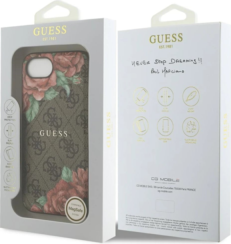 Mbështjellës Guess 4G Flowers Print MagSafe për iPhone 16e, Kafe