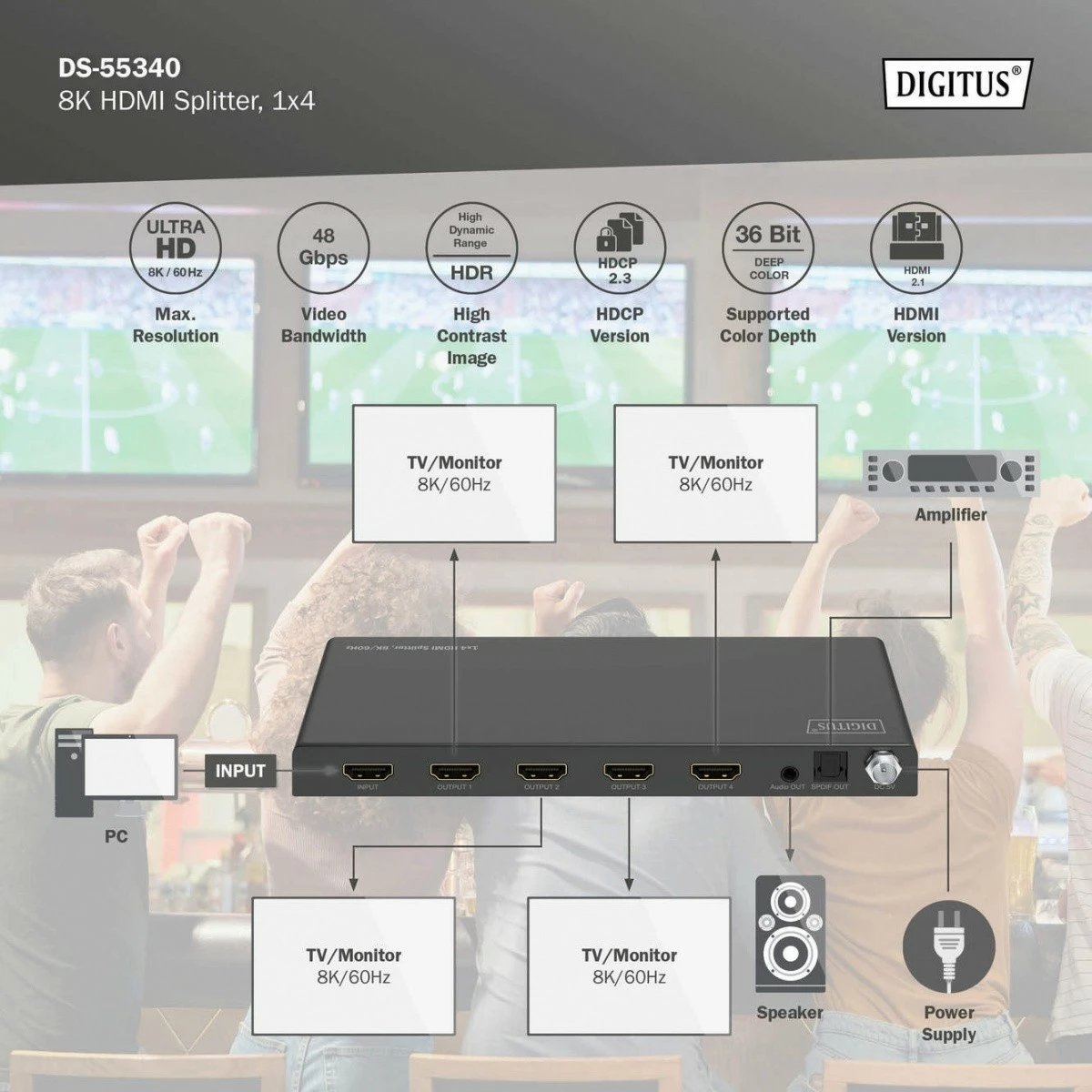 Splitter HDMI Digitus DS-55340, 1x4, 8K/60Hz, me HDR, Toslink/Stereo, i zi
