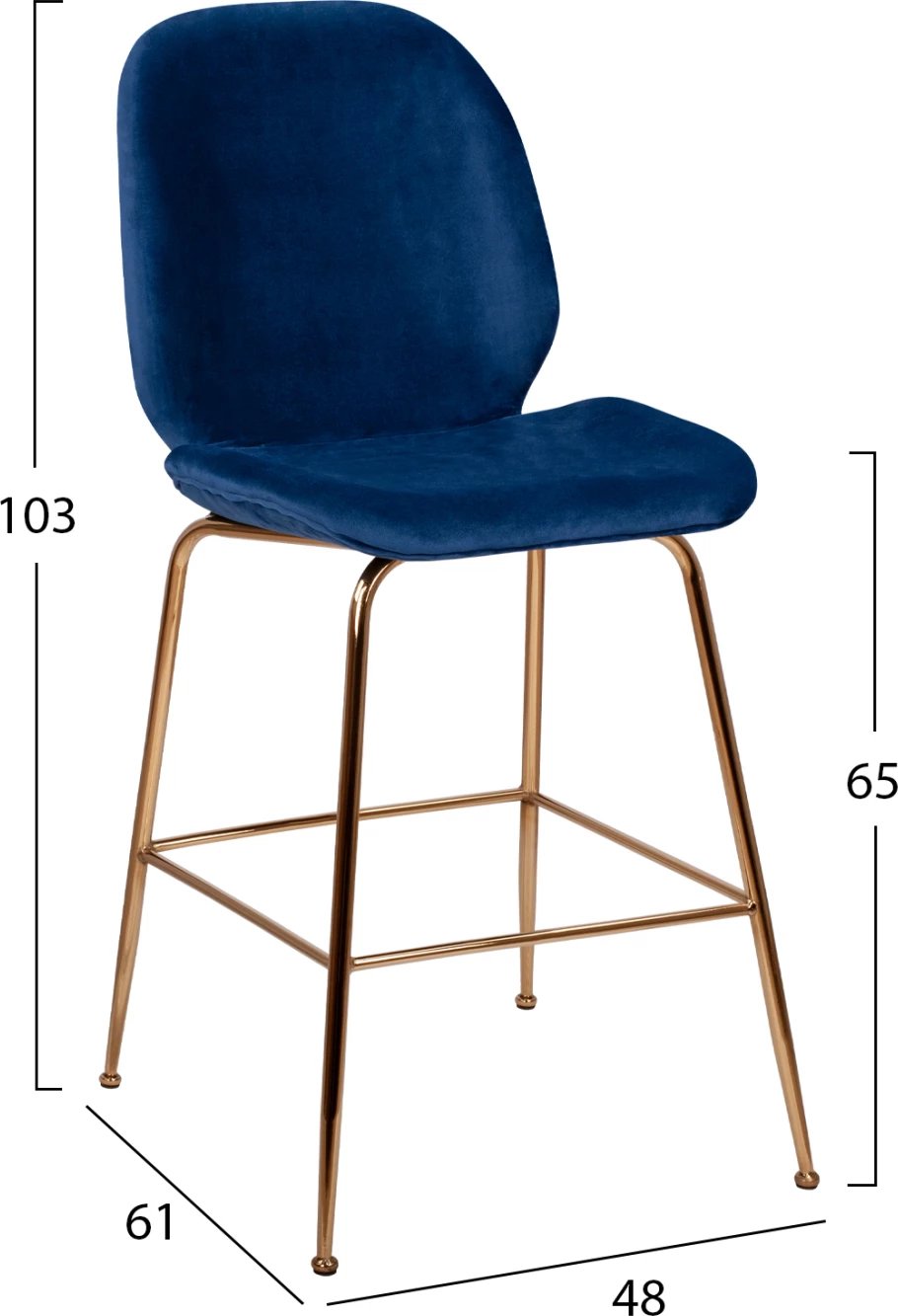 Karrige për bar Nora, kadife blu & kornizë metalike ari FH8524.08 48x61x103 cm, set prej 2 copë