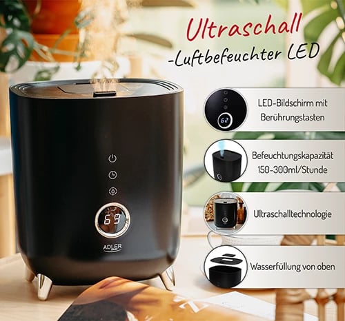 Lagështues ultrasonik, Adler, AD 7972, depozitë 4L, kapacitet 150-300 ml/orë, zonë deri 35 m2, ekran LED me touch, timer, aromaterapi, i zi