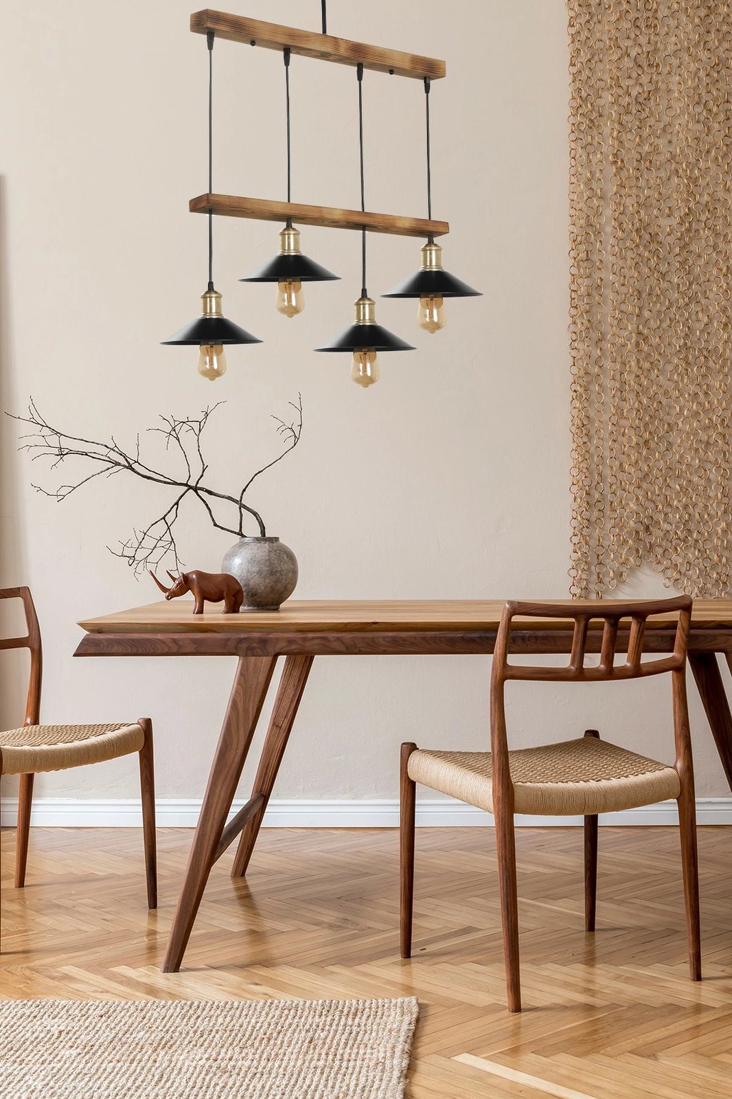 Llambë varëse prej druri dhe metali, ngjyrë kafe dhe e zezë, 4 llampa, Opviq David