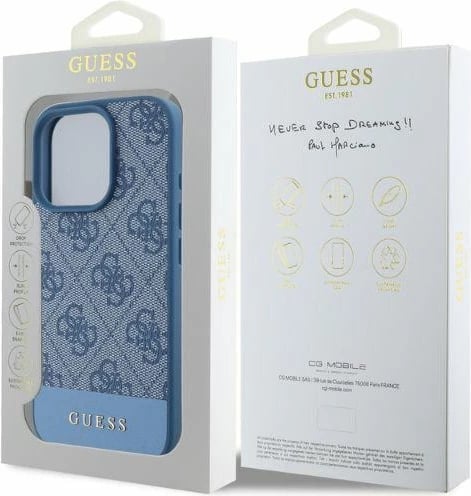 Mbështjellës Guess 4G Bottom Stripe për iPhone 16 Pro Max, Kaltër Mbështjellës Guess 4G Bottom Stripe për iPhone 16 Pro Max, Kaltër